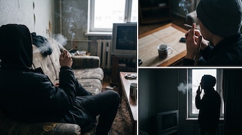 Tres personas en interiores fuman cigarrillos. Se observa humo, manos, cigarrillos encendidos, un sofá, una mesa, una taza, dos televisores y ventanas.