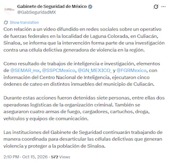 Mensaje de las autoridades federales tras el operativo. Crédito: X - @GabSeguridadMX