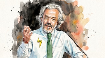 Ilustración en acuarela de un hombre canoso con barba, camisa blanca y corbata verde, hablando en un micrófono; lleva un prendedor de rayo que dice '2022 CON COLOMBIA'.