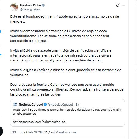 El presidente Gustavo Petro informó que el bombardeo perpetrado contra el ELN es el número 14 de su Gobierno - crédito @petrogustavo/X