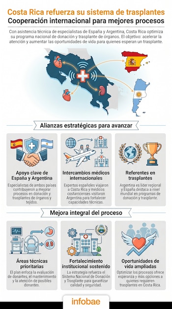 Infografía que ilustra la cooperación entre Costa Rica, España y Argentina para el fortalecimiento de sistemas de donación y trasplante de órganos.