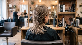 Vista trasera de una mujer con cabello claro en capas, sentada en una silla de peluquería frente a un tocador con productos.