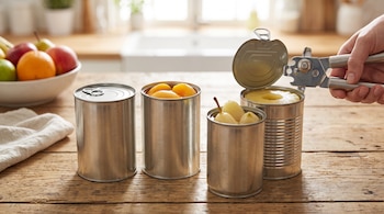 Cuatro latas metálicas sin etiqueta sobre una mesa de madera con piña, durazno y pera en conserva, y una mano utilizando un abrelatas.