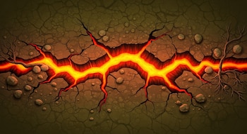 Ilustración vista desde arriba de una superficie de tierra agrietada. Una gran fisura irregular central emite luz naranja y roja brillante, como magma. Se ven pequeñas piedras y raíces expuestas.