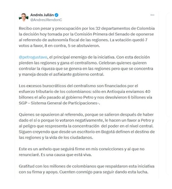 Andrés Julián Rendón y su reacción tras fracaso de proyecto de las regiones