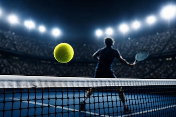 Una pelota de tenis amarilla flota sobre la red blanca de una cancha azul, con un tenista y reflectores desenfocados al fondo.