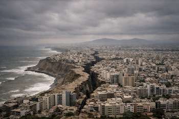 Vista aérea de ciudad costera densamente poblada con edificios modernos y antiguos, mar agitado, cielo nublado gris y una grieta profunda que atraviesa la tierra.