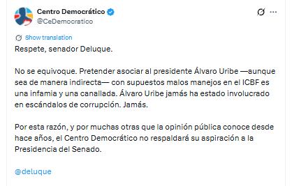 Esta fue la respuesta del Centro Democrático a Alfredo Deluque - crédito @CeDemocratico/X