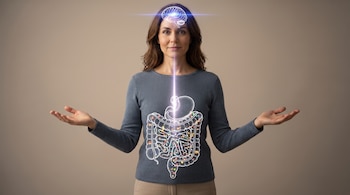 Mujer con cabello castaño sonríe. Ilustración del cerebro iluminado y sistema digestivo con microbiota de colores en su torso. Fondo liso beige.