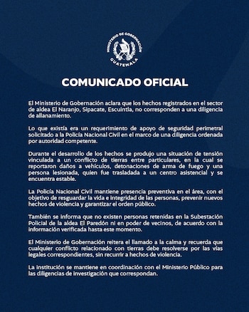 Documento oficial con el logo del Ministerio de Gobernación de Guatemala, título "COMUNICADO OFICIAL" y texto en español sobre hechos en Escuintla