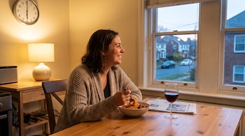 Una mujer sentada a una mesa de madera cena pasta con un tenedor. Hay una copa de vino, un periódico, un reloj de pared y una lámpara encendida.
