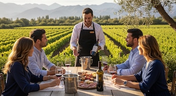 Dos parejas, un sommelier, una mesa con dos botellas de vino, copas, tablas de quesos y embutidos, dos baldes en un viñedo.