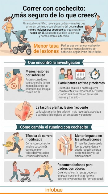 Infografía con ilustraciones de personas corriendo con cochecitos de bebé, esquemas anatómicos y textos informativos.
