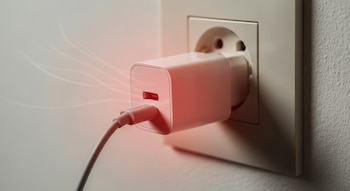 Un cargador blanco con un cable conectado a un enchufe de pared blanco; una luz roja y líneas onduladas sugieren sobrecalentamiento.