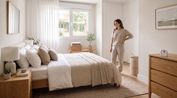 Una mujer de pie junto a una cama tendida en una habitación luminosa con muebles de madera y tonos claros.