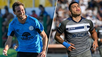 Imagen dividida de dos futbolistas: uno de Belgrano sonriendo en camiseta celeste, y otro de Gimnasia La Plata con camiseta gris y azul, haciendo una mueca
