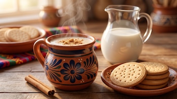 Taza de barro humeante con canela molida, plato con galletas, jarra de vidrio con leche y rama de canela sobre una mesa de madera.