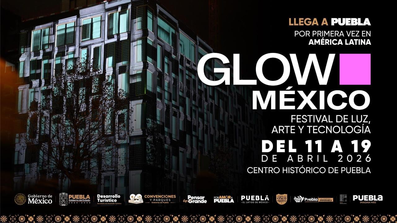 El festival de arte lumínico Glow Fest en Puebla será completamente gratuito, abierto a todo público y proyecta recibir alrededor de 450 mil visitantes nacionales y extranjeros. (X/ @Gob_Puebla)