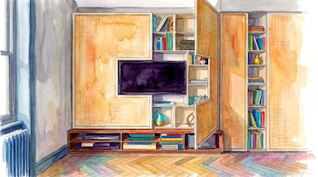 Ilustración de un mueble de pared en acuarela con televisión central, estantes con libros y objetos decorativos, y puertas de almacenamiento de madera clara.