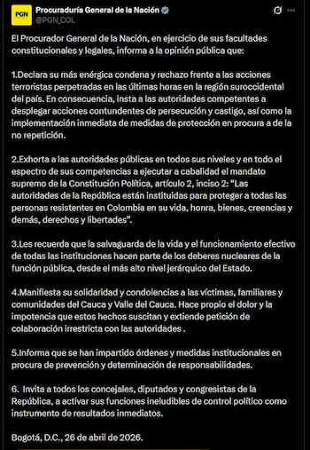 La Procuraduría anuncia órdenes y medidas preventivas para evitar nuevos atentados e iniciar investigaciones disciplinarias si hay omisión oficial - crédito @PGN_COL / X
