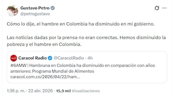 El presidente Gustavo Petro insistió en que en su Gobierno las cifras de hambre han disminuido - crédito @petrogustavo/X