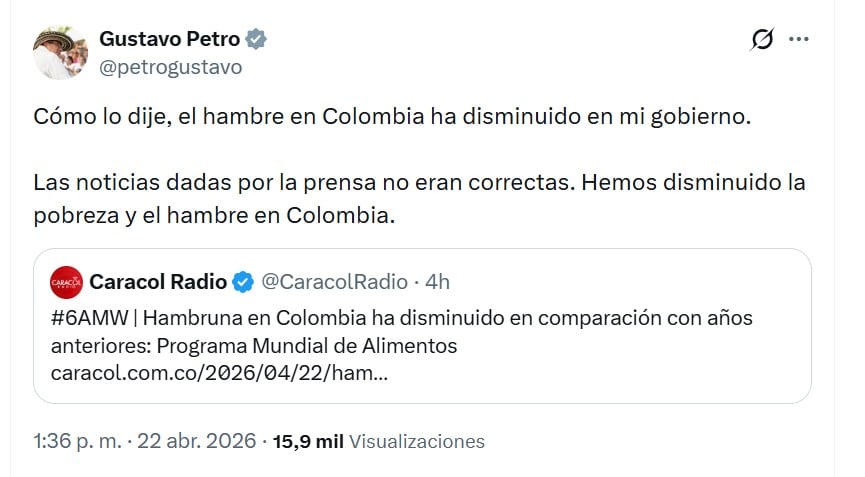 El presidente Gustavo Petro insistió en que en su Gobierno las cifras de hambre han disminuido - crédito @petrogustavo/X