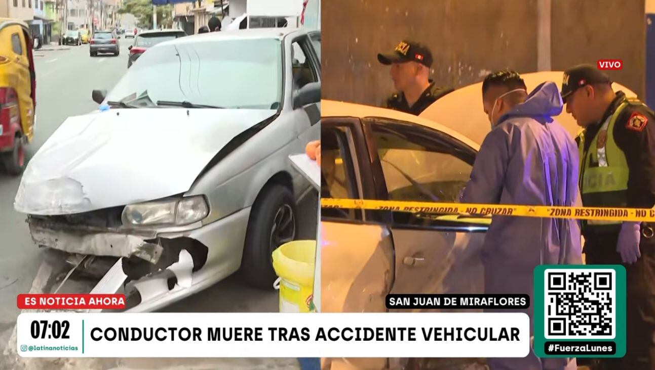 Agentes policiales y peritos investigan un accidente de tránsito que dejó un conductor fallecido y dos heridos en el distrito de San Juan de Miraflores.