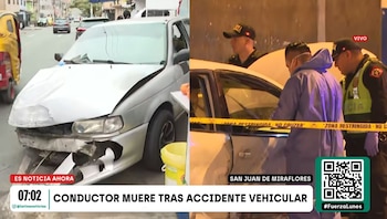 Pantalla dividida con un automóvil gris con la parte delantera destruida a la izquierda y policías junto al vehículo a la derecha