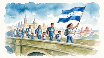 Ilustración en acuarela: caravana de personas con mochilas cruza puente. Mujer al frente porta bandera de Honduras. Fondo con skyline de ciudad.