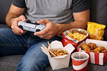 Hombre en un sofá con control de PlayStation 5 en sus manos. Hay una caja de fideos con palillos, pollo frito, papas fritas y una bebida.