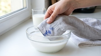Mano de persona sumerge manga de camisa de lino gris con mancha de tinta azul en cuenco de vidrio con leche blanca sobre encimera.