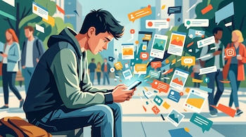 Ilustración de un joven sentado con un teléfono inteligente del que emergen docenas de notificaciones, mensajes e imágenes flotantes.