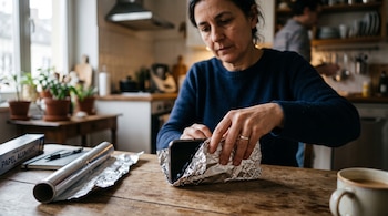 Mujer sentada ante una mesa de madera envolviendo un teléfono móvil con una lámina de papel de aluminio.