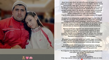 Composición dividida que muestra a un hombre con una niña a la izquierda y un texto en español escrito en párrafos a la derecha.