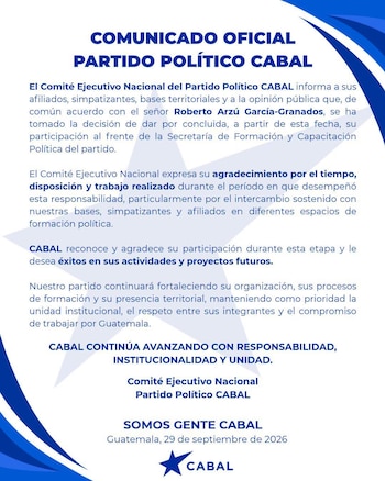 Documento con el comunicado oficial del Partido Político CABAL emitido en Guatemala el 29 de septiembre de 2026