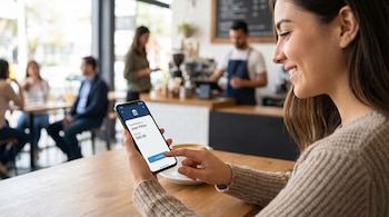 Vista de perfil de una mujer sonriente usando un smartphone para realizar una transferencia de dinero en una aplicación bancaria, sentada en una cafetería.