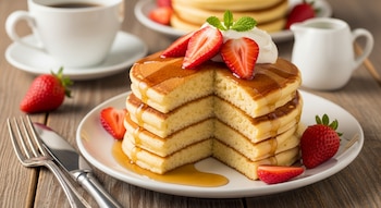 Pila de pancakes con sirope, fresas frescas, crema batida y menta, con un corte que muestra su interior, sobre una mesa de madera con cubiertos y café.