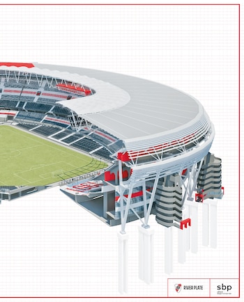 Renderización arquitectónica 3D de un estadio de fútbol. Muestra una vista aérea de corte del interior con campo verde, asientos, techo y estructuras de soporte blancas y rojas