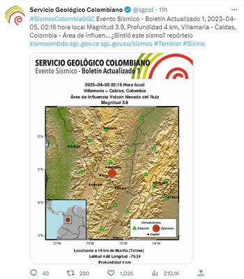 El Servicio Geológico Colombiano reportó