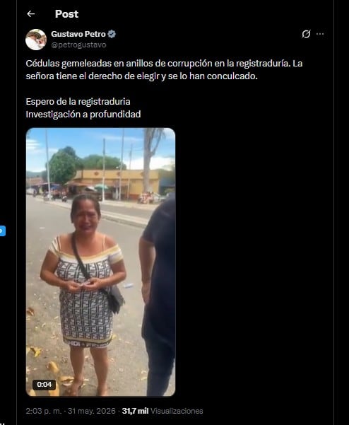 El presidente de Colombia, Gustavo Petro, denunció una presunta irregularidad electoral relacionada con la suplantación de identidad en las urnas - crédito @petrogustavo/X