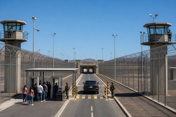 Torres de vigilancia, cerco de alambre de púas, militares custodios, personas en detectores de metal y un automóvil en el acceso.