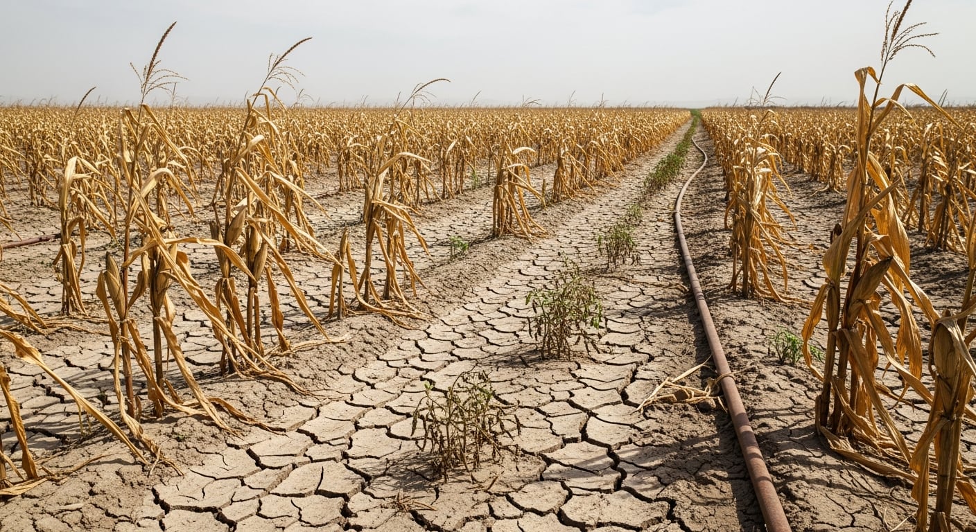 Un campo de maíz muestra el impacto de una sequía severa, con tallos secos y un suelo árido y agrietado que evidencia la falta de agua. (Imagen Ilustrativa Infobae)