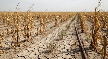 Campo extenso con plantas de maíz secas y amarillas. La tierra está agrietada y árida. Se observa una tubería de riego y algunas plantas pequeñas verdes.