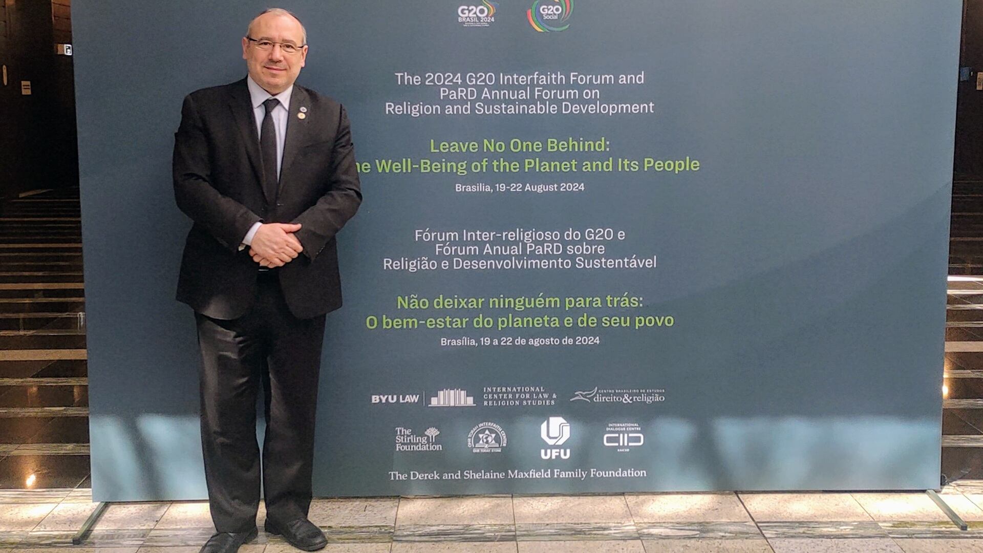 Dr. Fishel Szlajen durante el G20 Interfaith Forum 2024, realizado en Brasilia. En 2026 fue convocado a integrar el AI Working Group del IF20.
