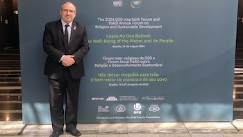 Dr. Fishel Szlajen durante el G20 Interfaith Forum 2024, realizado en Brasilia. En 2026 fue convocado a integrar el AI Working Group del IF20.