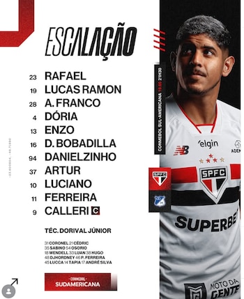 Los elegidos por el cuadro local para enfrentar al equipo colombiano - crédito Sao Pablo