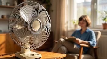Primer plano de un ventilador de mesa vintage con rejilla metálica y base clara en una mesa de madera. Al fondo, persona difuminada leyendo un libro.
