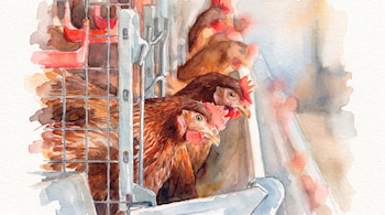Una ilustración estilo acuarela muestra tres gallinas marrones con cresta roja, parte de sus cuerpos detrás de una reja metálica y un comedero.