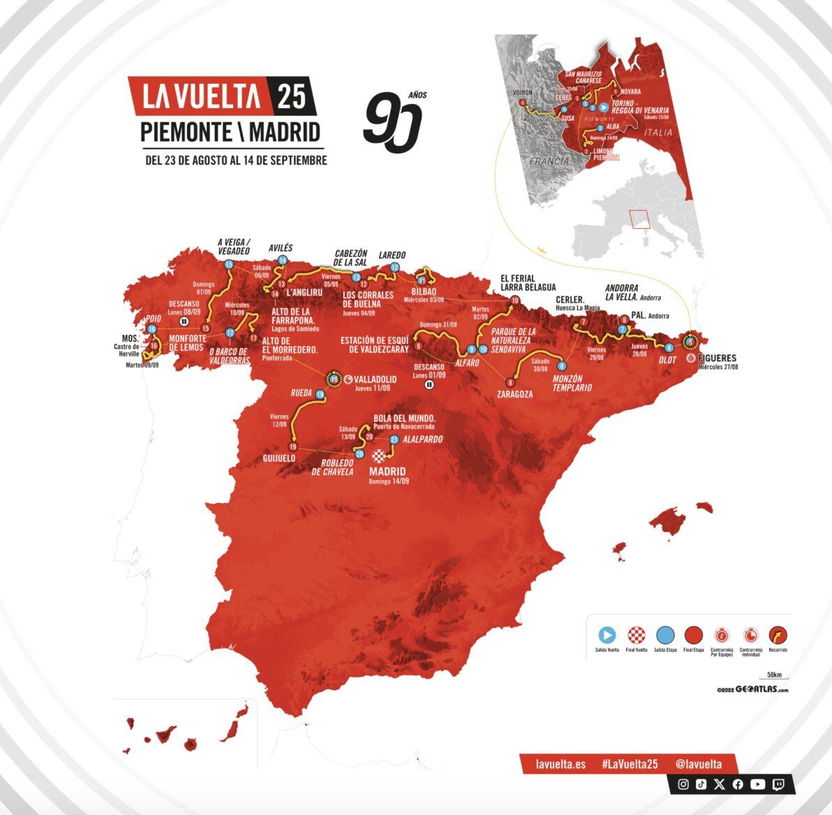 El recorrido comenzará en Italia y terminará en España como es habitual crédito @lavuelta / X