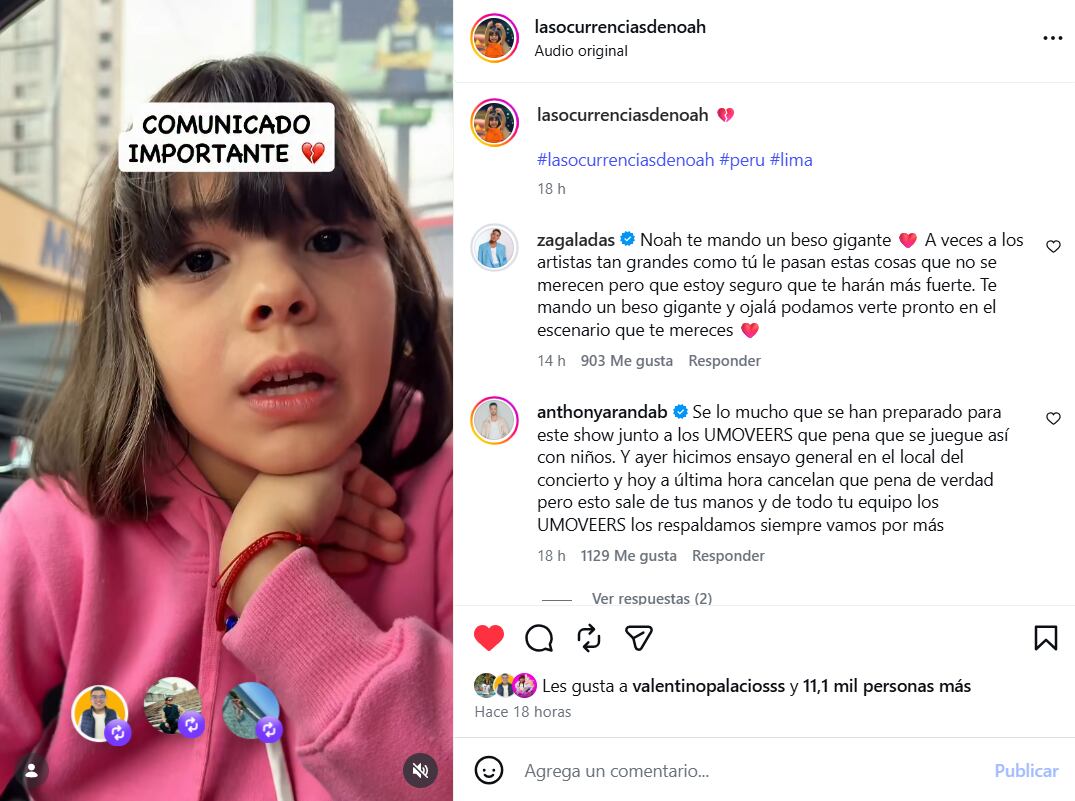 La influencer peruana Noah comunica en un video la cancelación de su participación como telonera en el show de Lara Campos en Lima horas antes del evento.